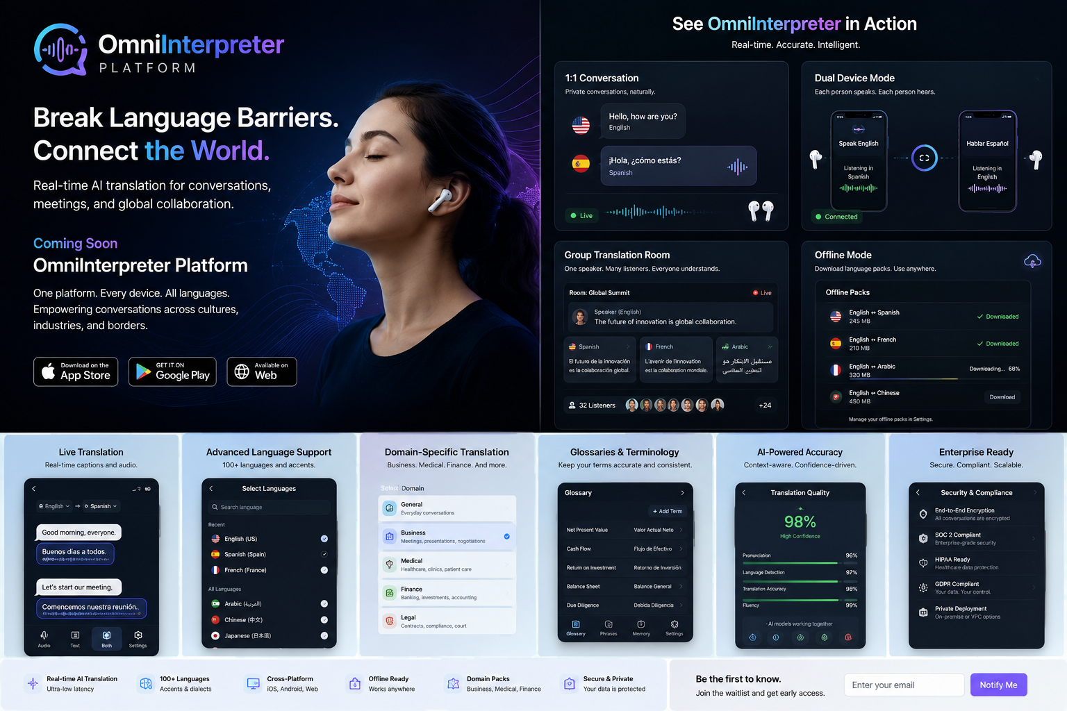 OmniInterpreter real-time AI interpretation promotional interface