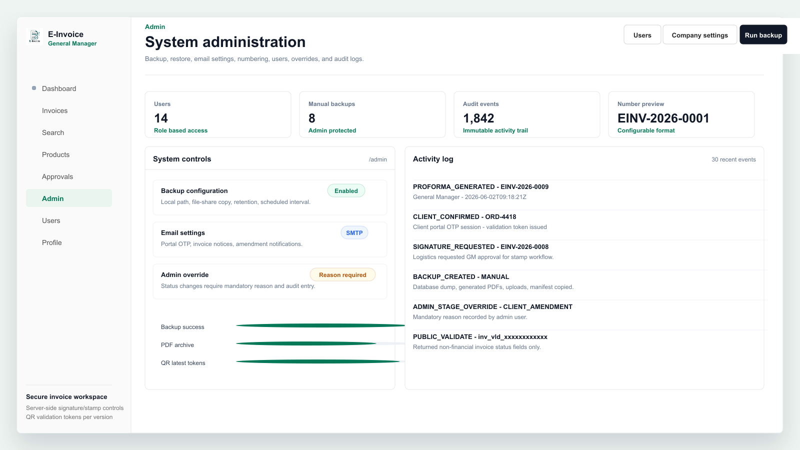 E-Invoice admin settings interface