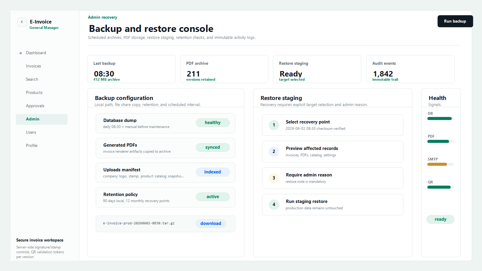 E-Invoice backup and restore screenshot