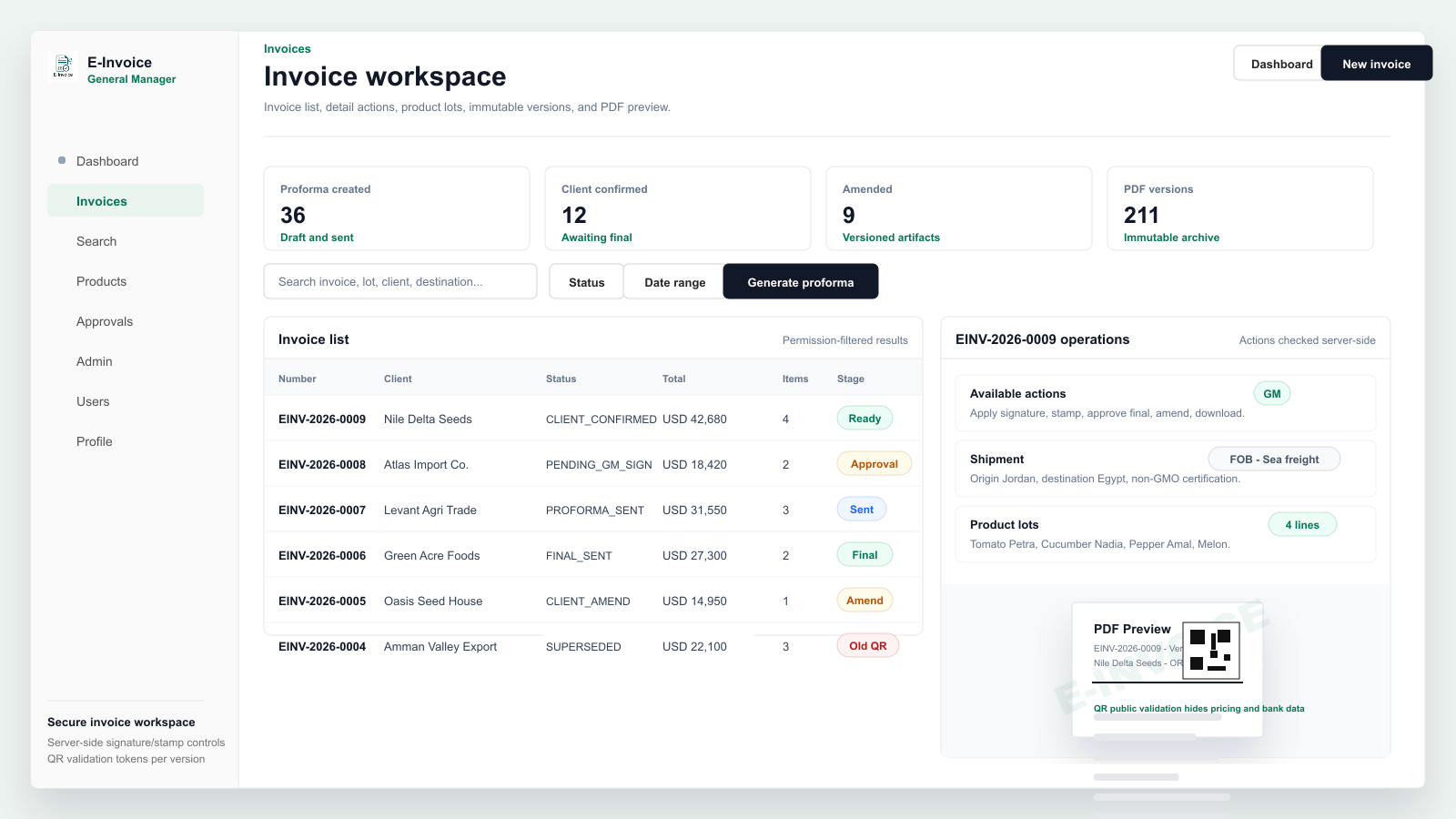 E-Invoice invoice list and detail interface