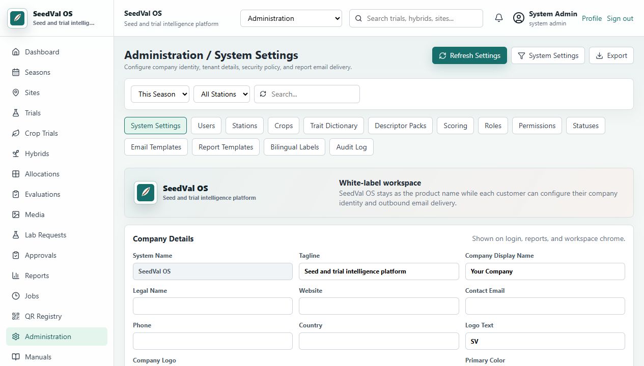 SeedVal OS administration screenshot