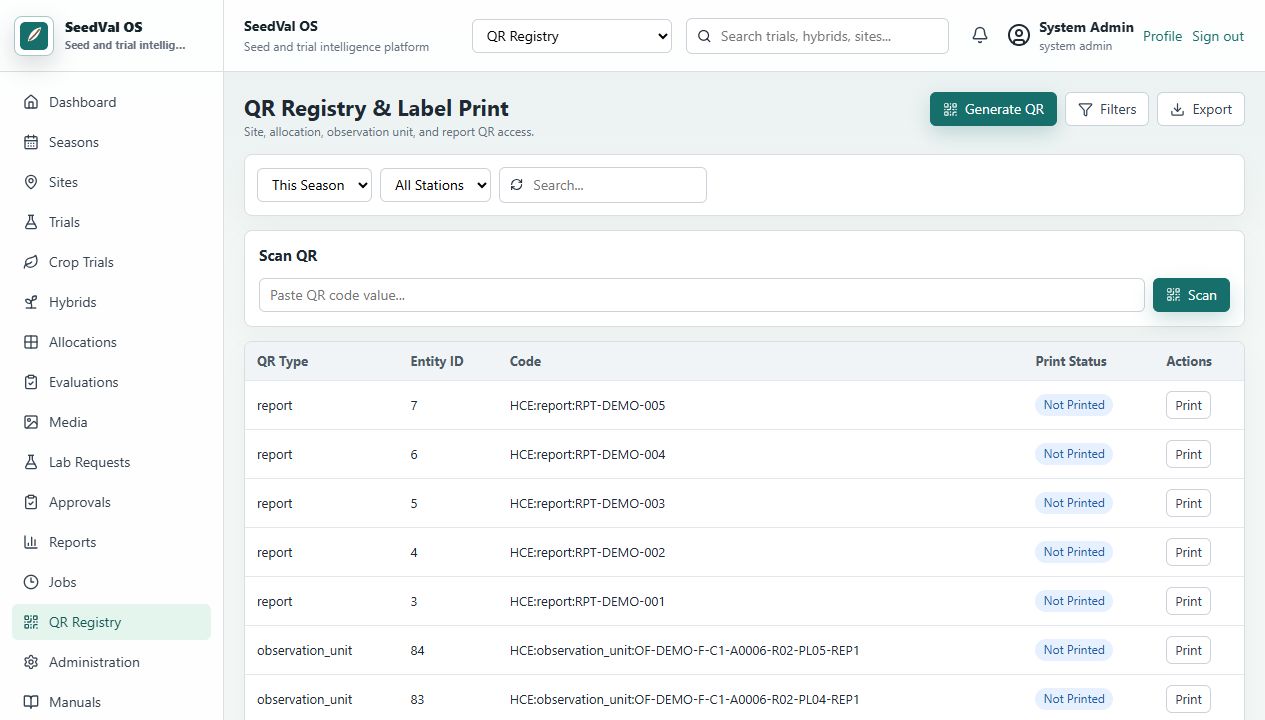 SeedVal OS QR registry screenshot